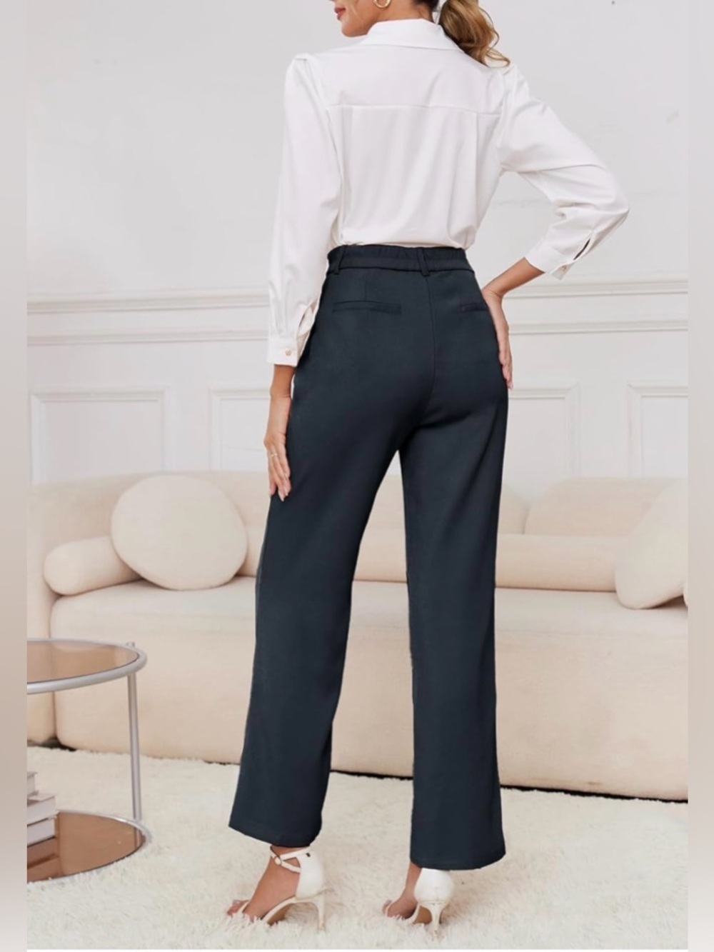 NWT Women Petite Dress Pants High Waist Wide Leg sz M Navy - Picture 2 of 4
